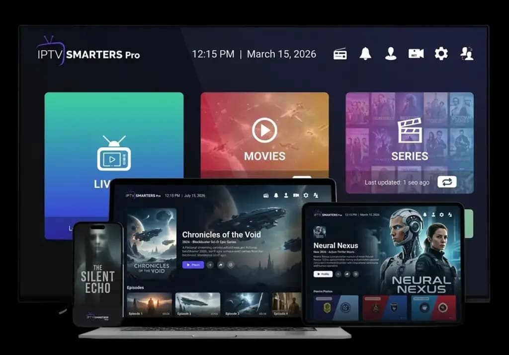 Abonnement IPTV affiché sur une Smart TV, un ordinateur portable, une tablette et un smartphone